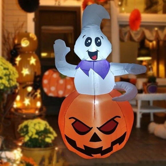 GOOSH Halloween Inflatable 5FT Ghost with Pumpkin Cute Halloween Ghost - Picture 1 of 10